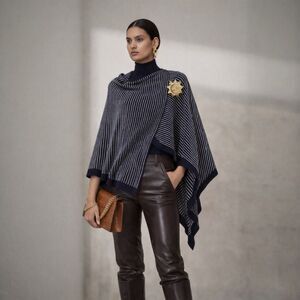 Eileen Fisher Stripe Poncho OS Navy Italian Knit Viscose Blend